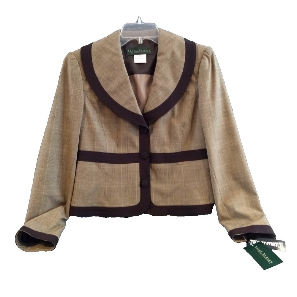 Harve Bernard Crop‎ Blazer Women 6 Tan Plaid Brown Trim Lined Stretch Career NEW